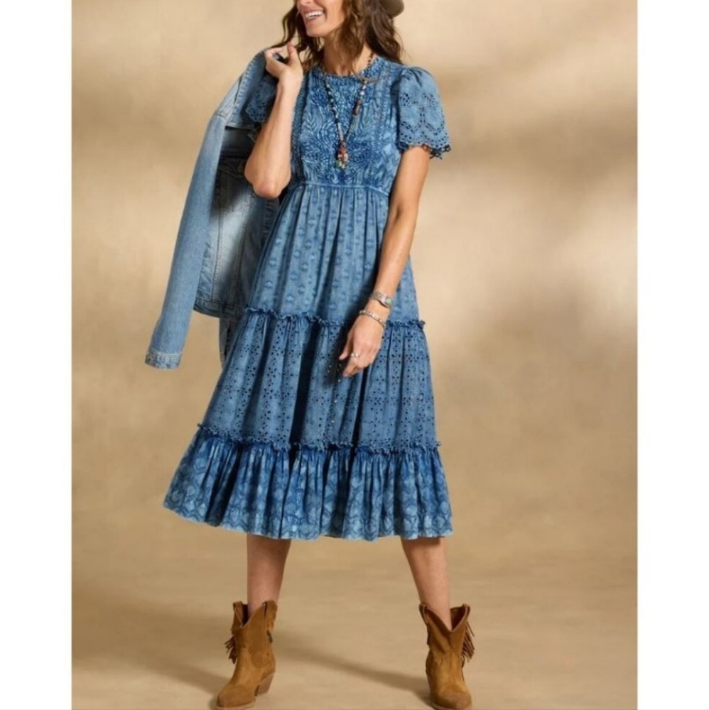 Sundance Living Isla River Tiered Chambray Midi Dress In Indigo Size XXL
